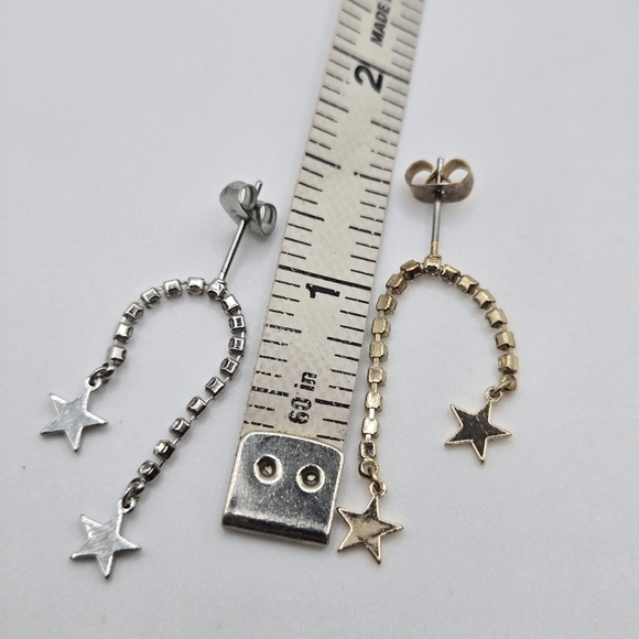 Shooting Stars Cz Crystal Dangle Earrings Fairy Silver AND Gold Tone Mixed Metal - Picture 2 of 4